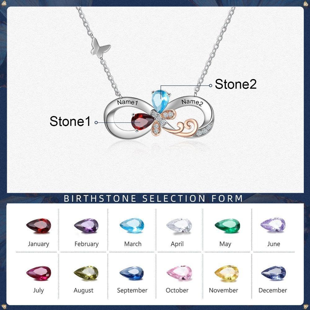 Personalized Infinity Silver Pendant Necklace - Two Custom Names & Birthstones - Personalized Jewel