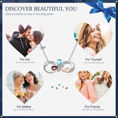 Personalized Infinity Silver Pendant Necklace - Two Custom Names & Birthstones - Personalized Jewel