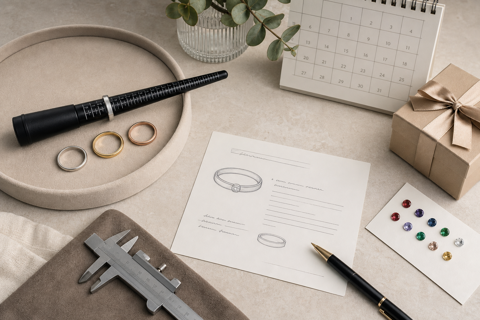Ring sizer, plain sample rings, engraving proof sheet, colour-choice card, calendar and wrapped gift arranged on a jeweler's desk