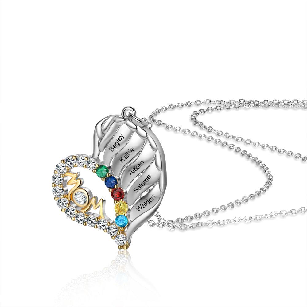 Personalized MOM Heart Silver Pendant Necklace - Five Custom Names & Birthstones-Personalized Jewels