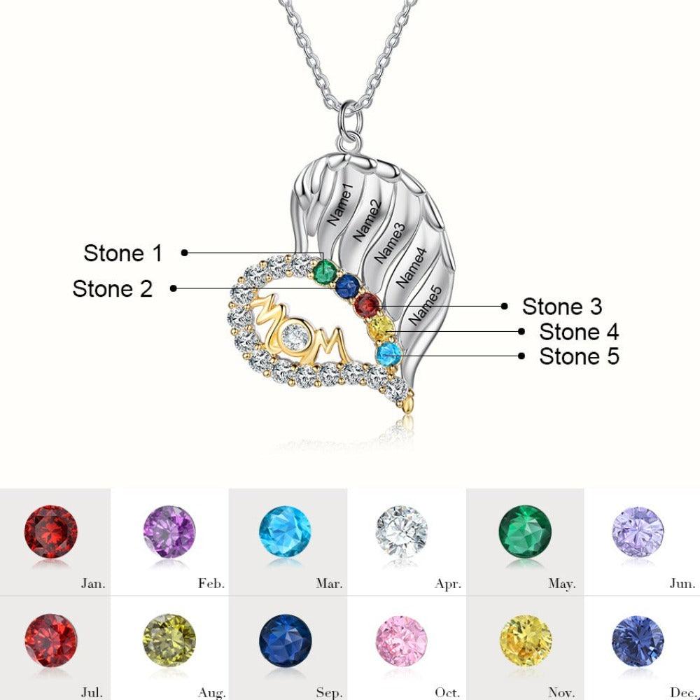 Personalized MOM Heart Silver Pendant Necklace - Five Custom Names & Birthstones-Personalized Jewels