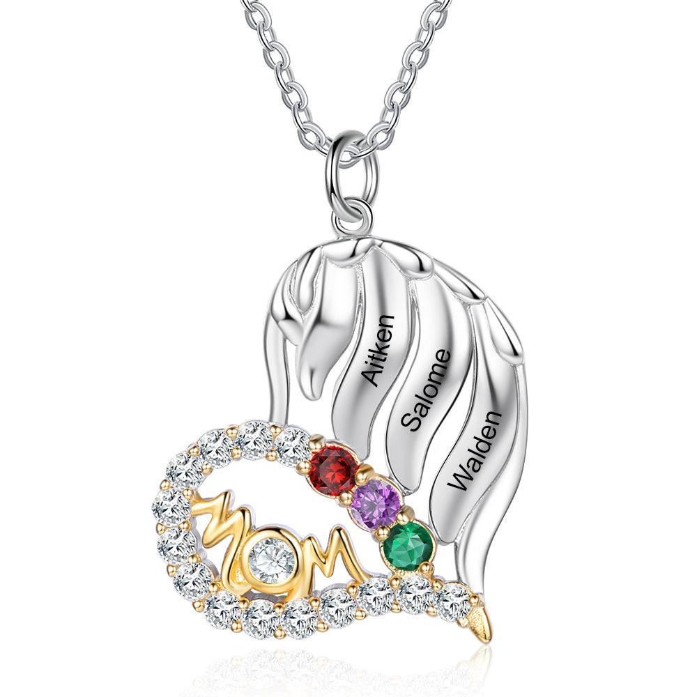 Personalized MOM Heart Silver Pendant Necklace - Three Custom Names & Birthstones-Personalized Jewels