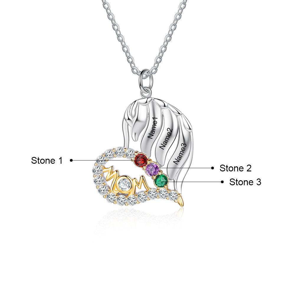 Personalized MOM Heart Silver Pendant Necklace - Three Custom Names & Birthstones-Personalized Jewels