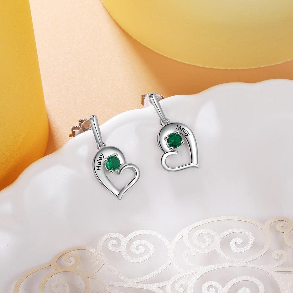 Personalized Name And Birthstone Engraved Drop Earring-Personalized Jewels