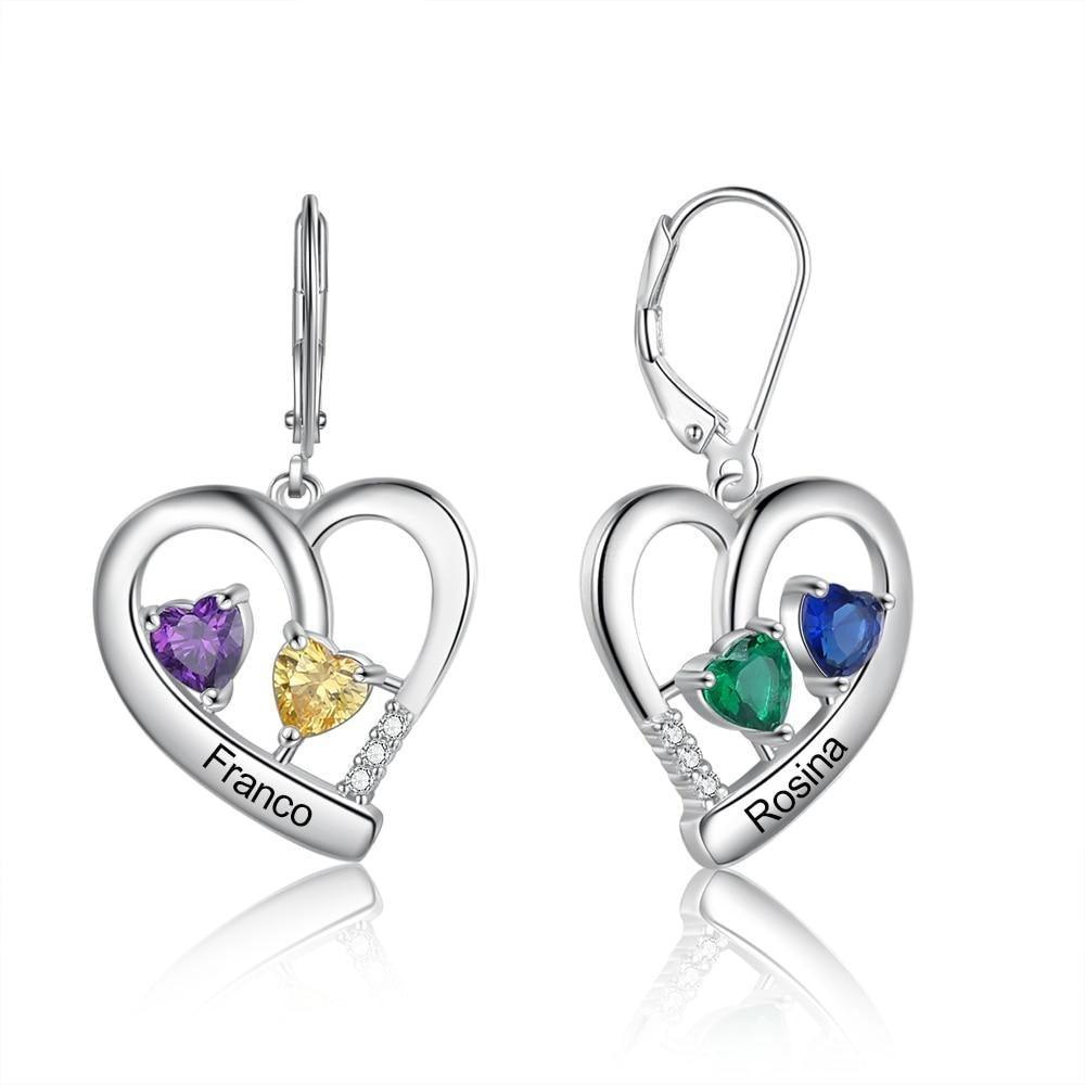 Personalized Name Engraved And 4 Birthstones Earrings for Women - Personalized Jewel