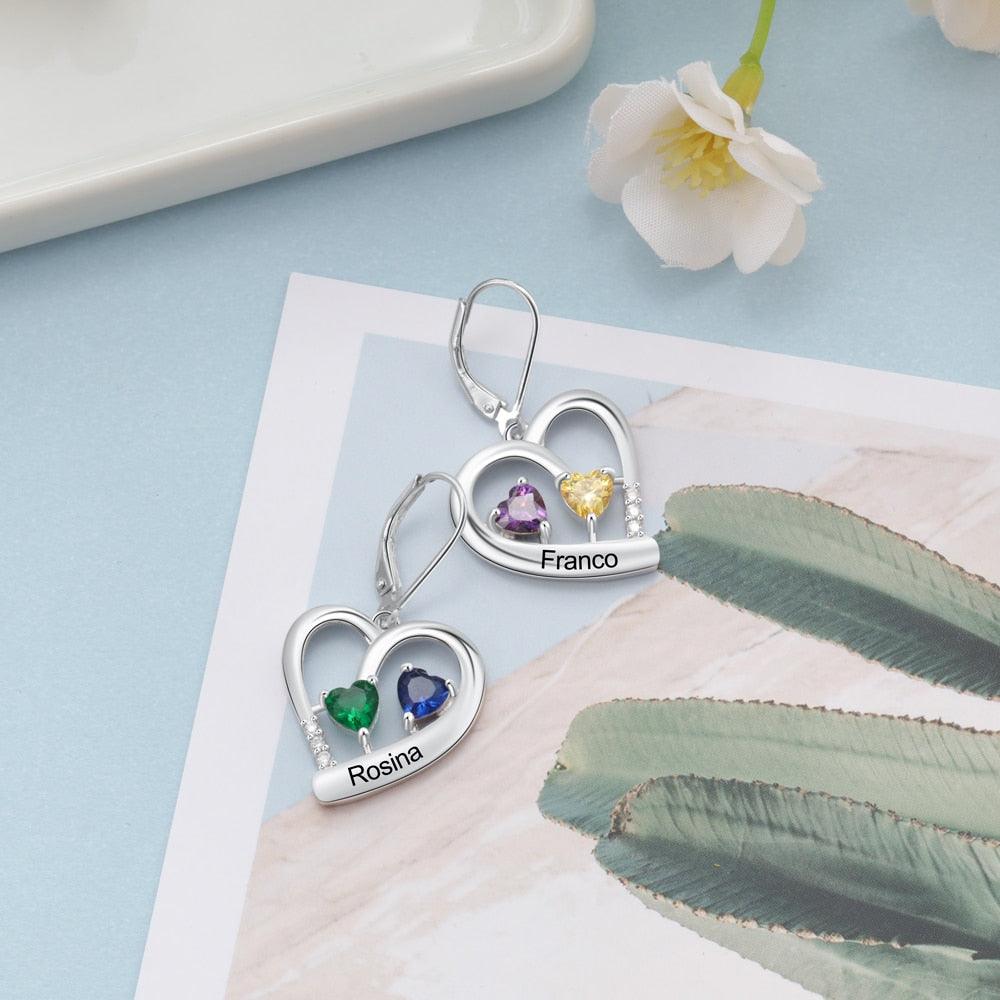Personalized Name Engraved And 4 Birthstones Earrings for Women - Personalized Jewel