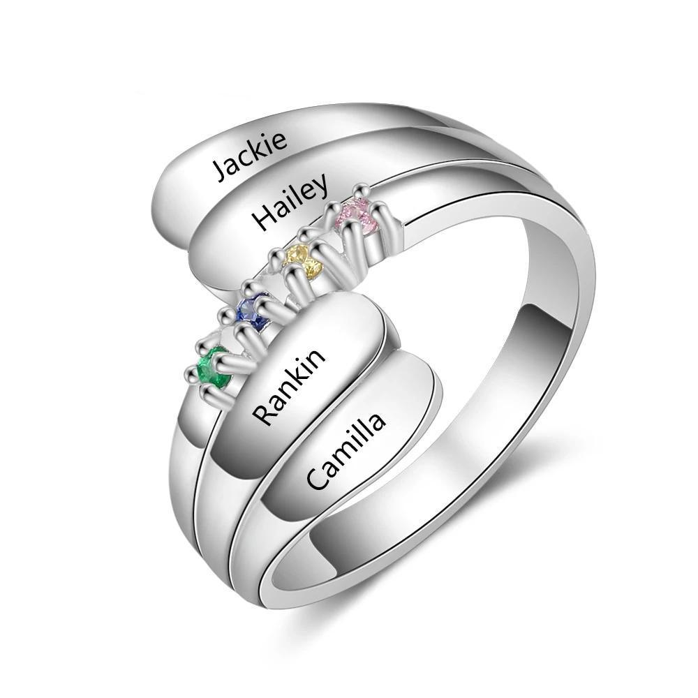 Personalized Name Ring with 4 Birthstones 925 Sterling Silver Mother Ring Customized Family Gift for Women - Personalized Jewel