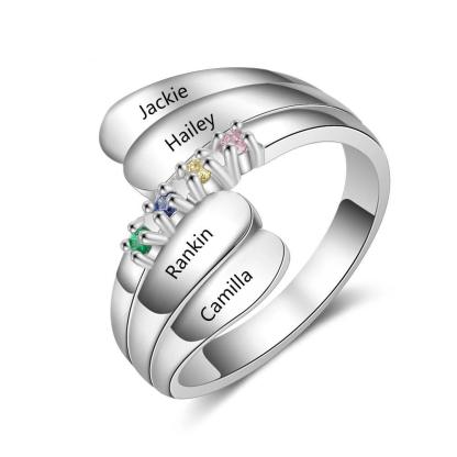 Personalized Name Ring with 4 Birthstones 925 Sterling Silver Mother Ring Customized Family Gift for Women - Personalized Jewel