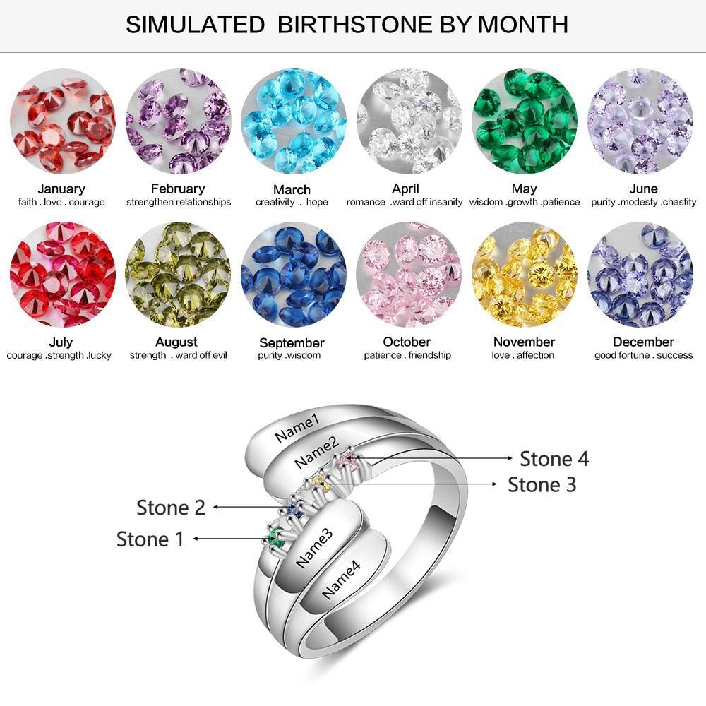 Personalized Name Ring with 4 Birthstones 925 Sterling Silver Mother Ring Customized Family Gift for Women - Personalized Jewel