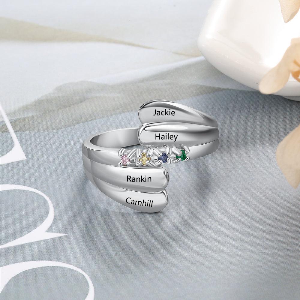 Personalized Name Ring with 4 Birthstones 925 Sterling Silver Mother Ring Customized Family Gift for Women - Personalized Jewel