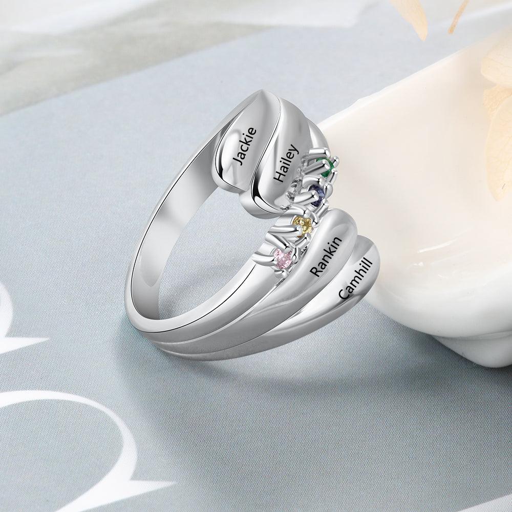 Personalized Name Ring with 4 Birthstones 925 Sterling Silver Mother Ring Customized Family Gift for Women - Personalized Jewel
