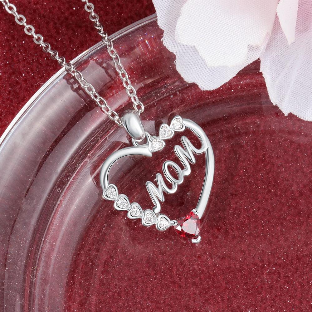 Personalized Necklace With MOM Engraved And Custom Zirconia Birthstone Pendant - Personalized Jewel