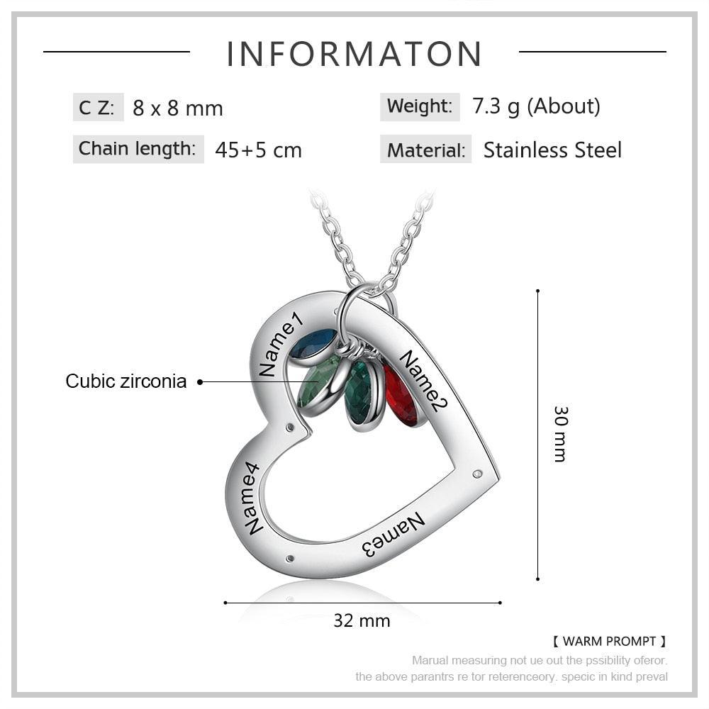 Personalized Pendant Customized 4 Birthstones With 4 Name Engravinged Necklace-Personalized Jewels