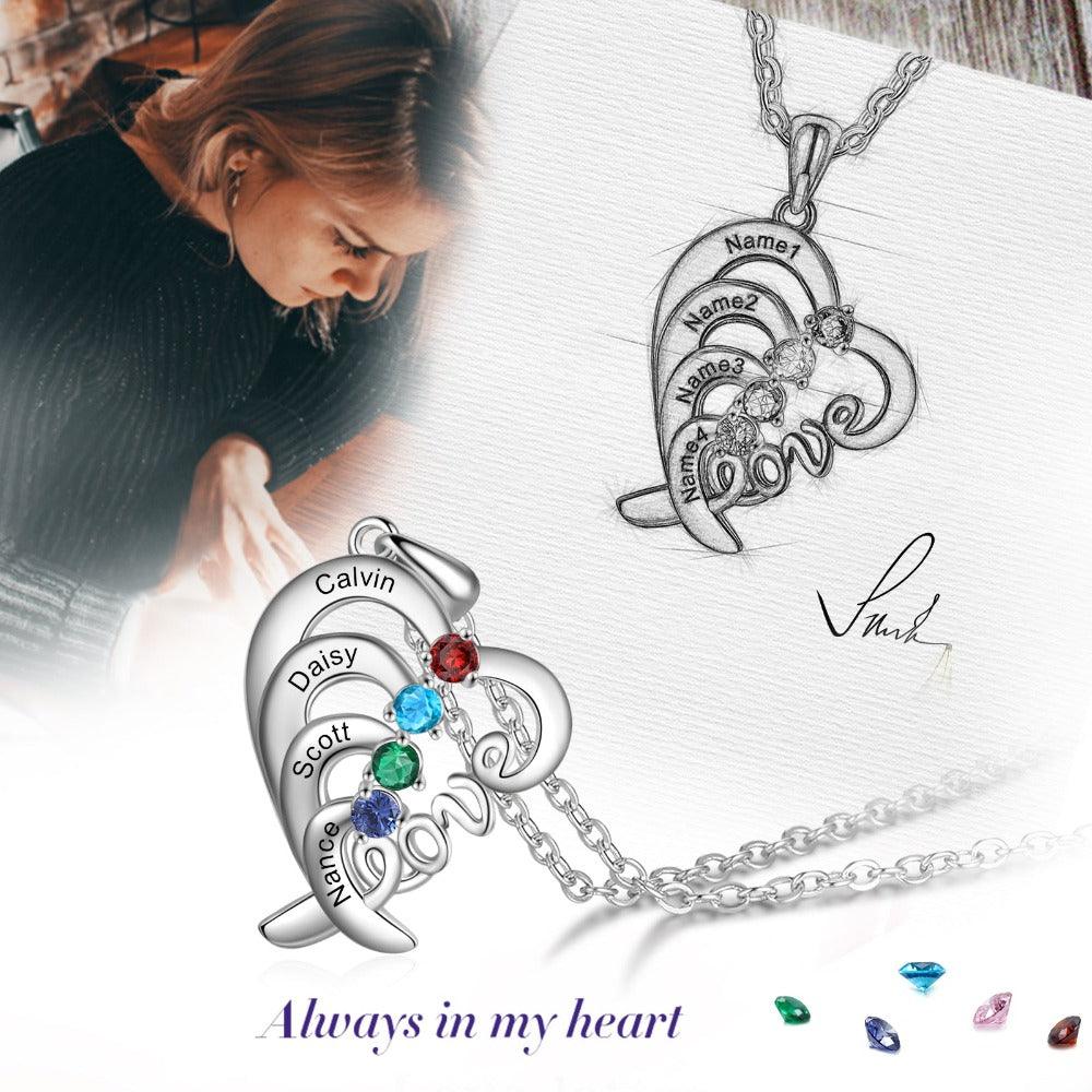 Personalized Pendant Necklace Four Custom Names And Birthstones - Personalized Jewel