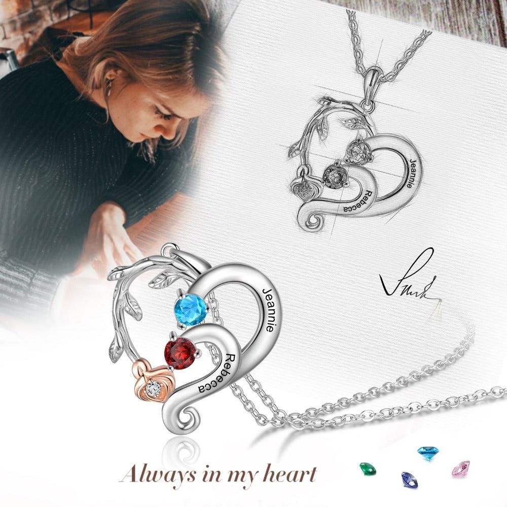 Personalized Pendant Necklace Two Custom Names And Birthstones-Personalized Jewels