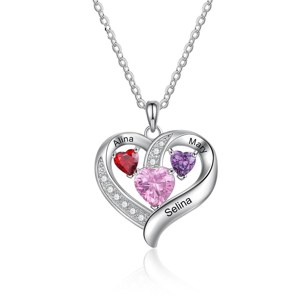 Personalized Romantic Heart Pendant Necklace – 3 Names Engravable With Birthstones-Personalized Jewels