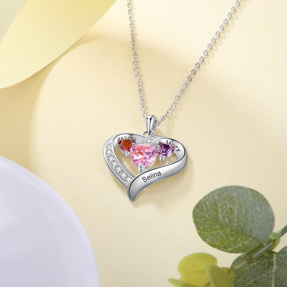 Personalized Romantic Heart Pendant Necklace – 3 Names Engravable With Birthstones - Personalized Jewel
