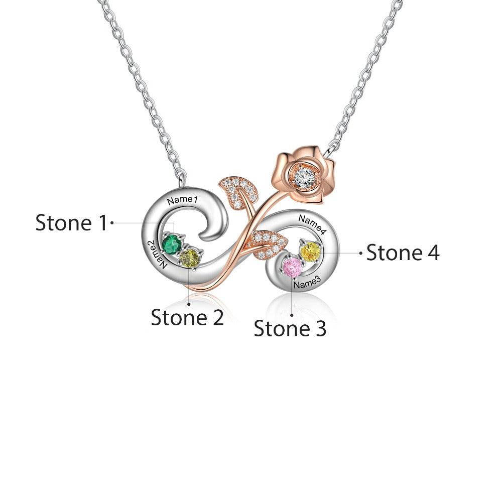 Personalized Rose Flower Silver Pendant Necklace - Four Custom Names & Birthstones-Personalized Jewels