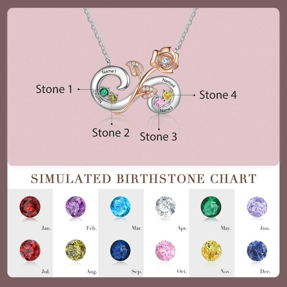 Personalized Rose Flower Silver Pendant Necklace - Four Custom Names & Birthstones-Personalized Jewels