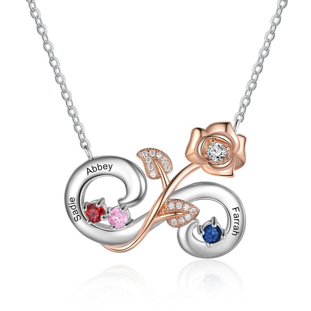 Personalized Rose Flower Silver Pendant Necklace - Three Custom Names & Birthstones - Personalized Jewel