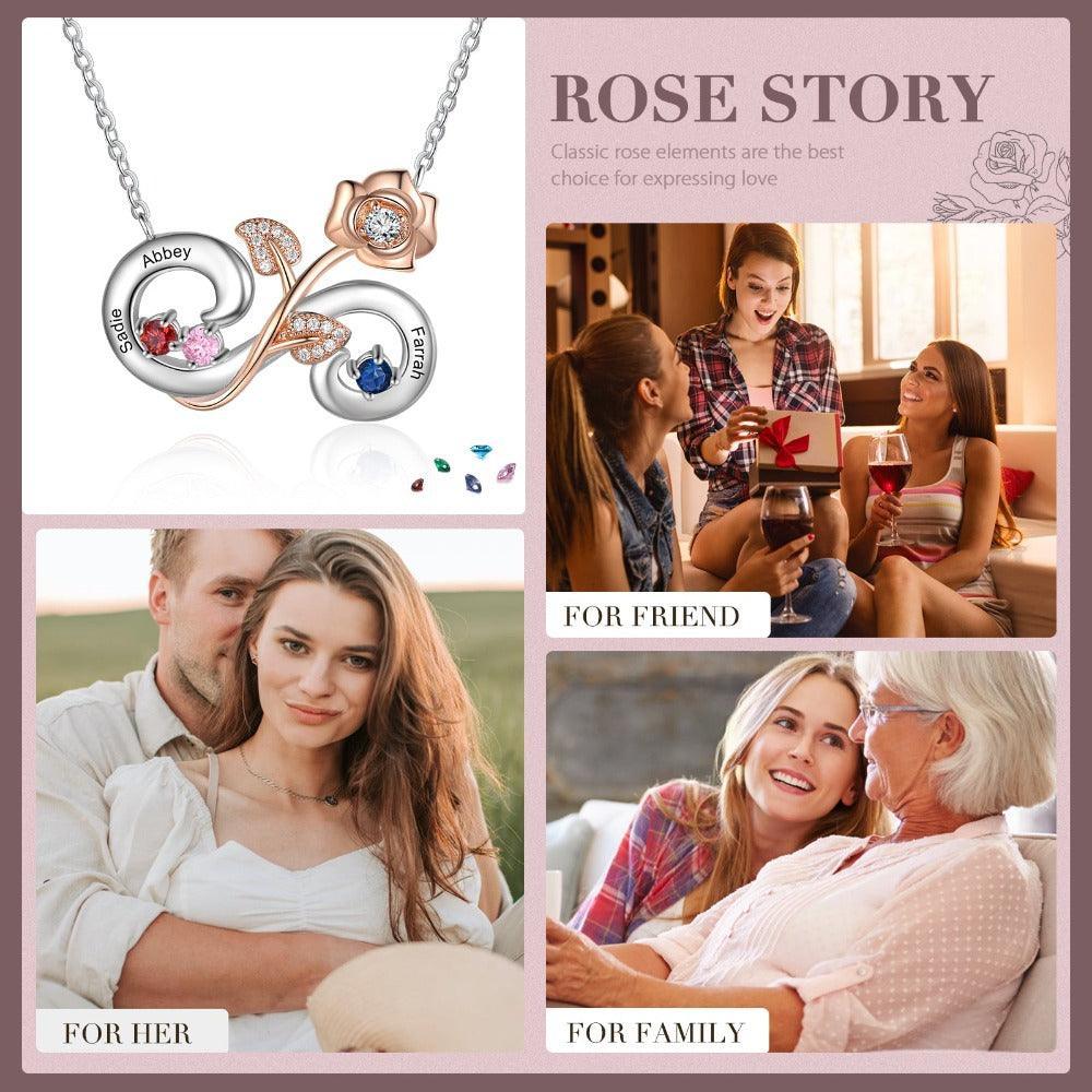 Personalized Rose Flower Silver Pendant Necklace - Three Custom Names & Birthstones - Personalized Jewel
