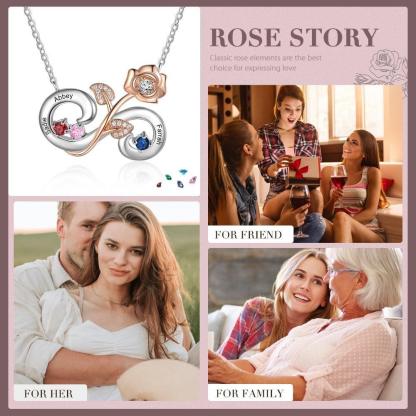 Personalized Rose Flower Silver Pendant Necklace - Three Custom Names & Birthstones - Personalized Jewel