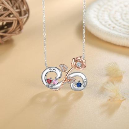Personalized Rose Flower Silver Pendant Necklace - Three Custom Names & Birthstones - Personalized Jewel