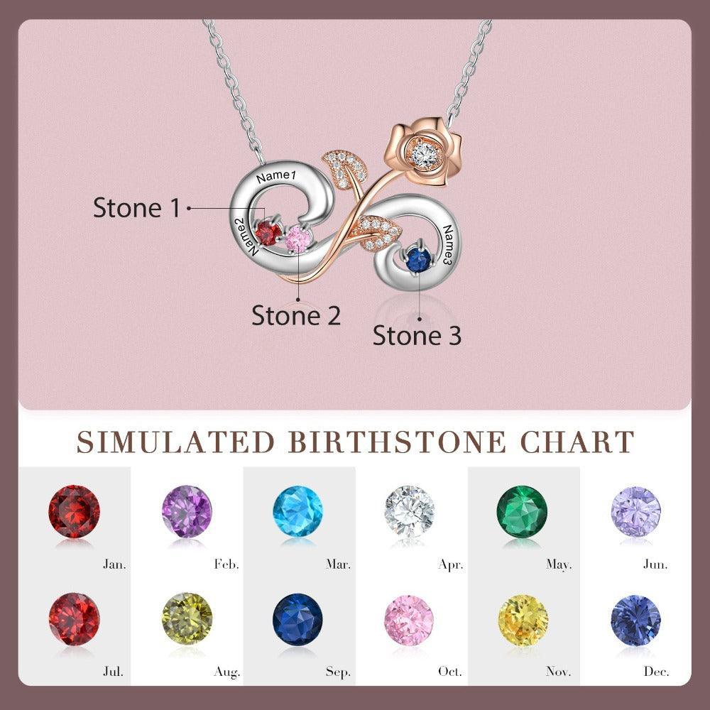 Personalized Rose Flower Silver Pendant Necklace - Three Custom Names & Birthstones - Personalized Jewel