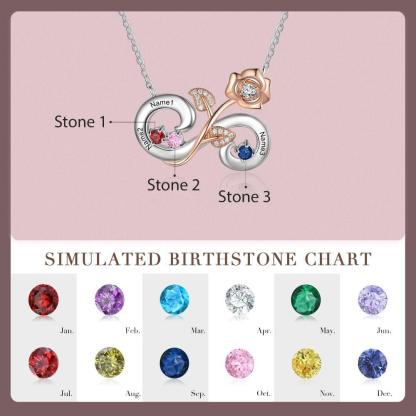 Personalized Rose Flower Silver Pendant Necklace - Three Custom Names & Birthstones - Personalized Jewel