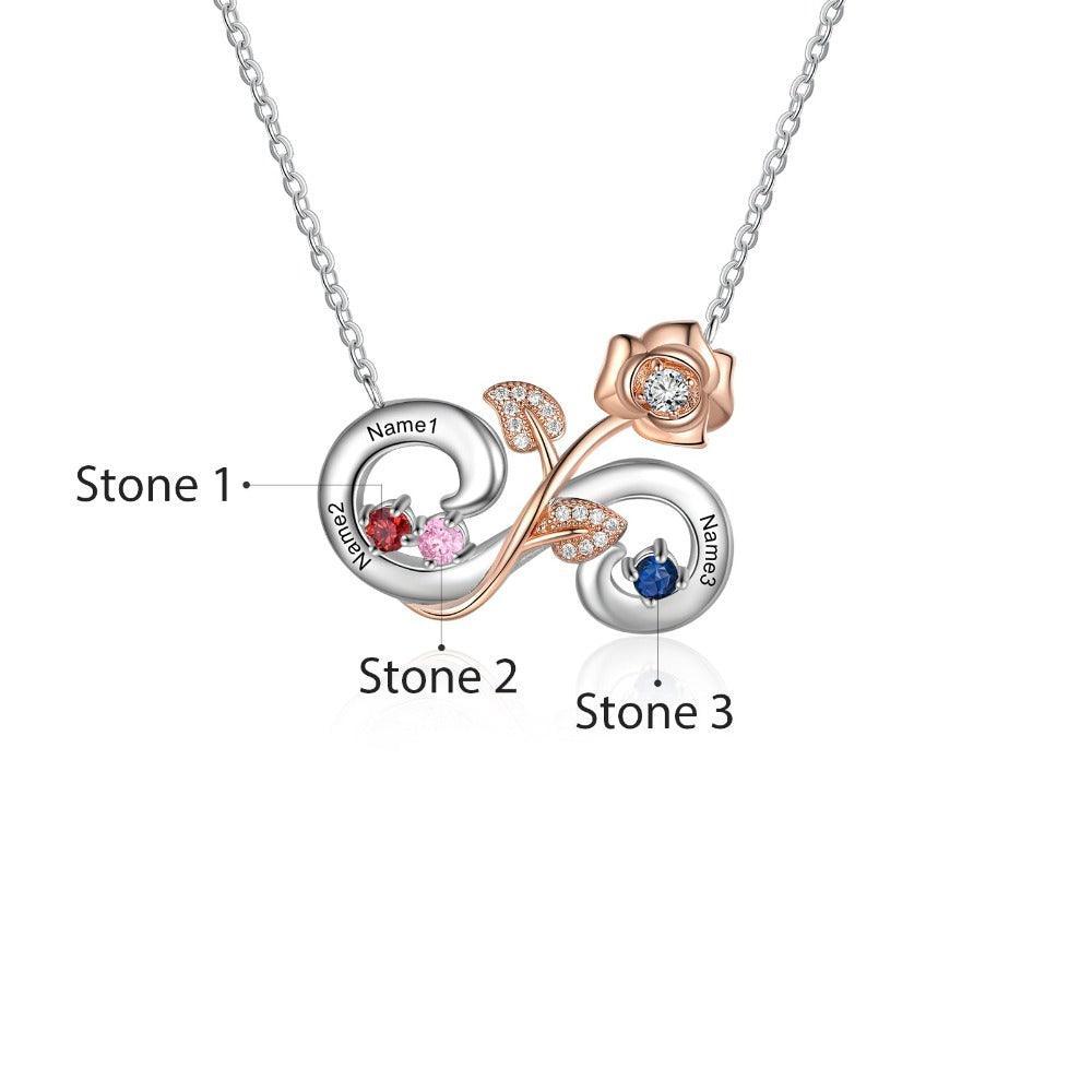 Personalized Rose Flower Silver Pendant Necklace - Three Custom Names & Birthstones - Personalized Jewel