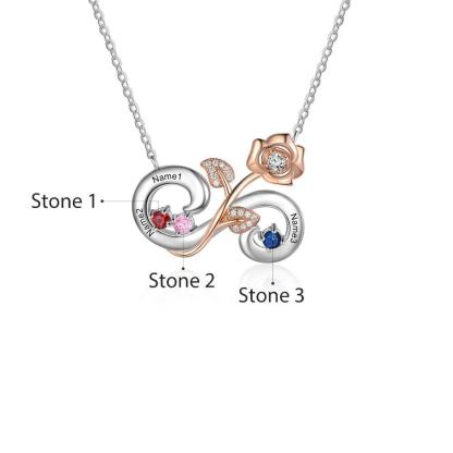 Personalized Rose Flower Silver Pendant Necklace - Three Custom Names & Birthstones - Personalized Jewel