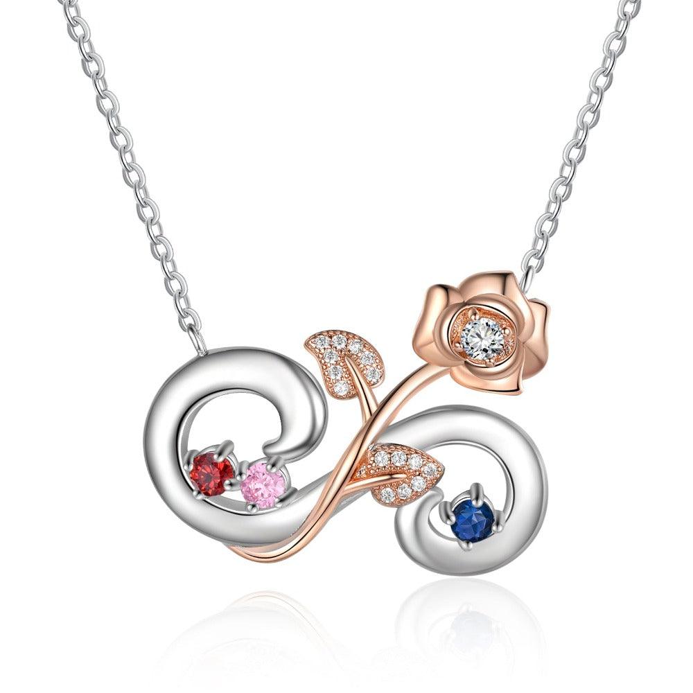 Personalized Rose Flower Silver Pendant Necklace - Three Custom Names & Birthstones - Personalized Jewel