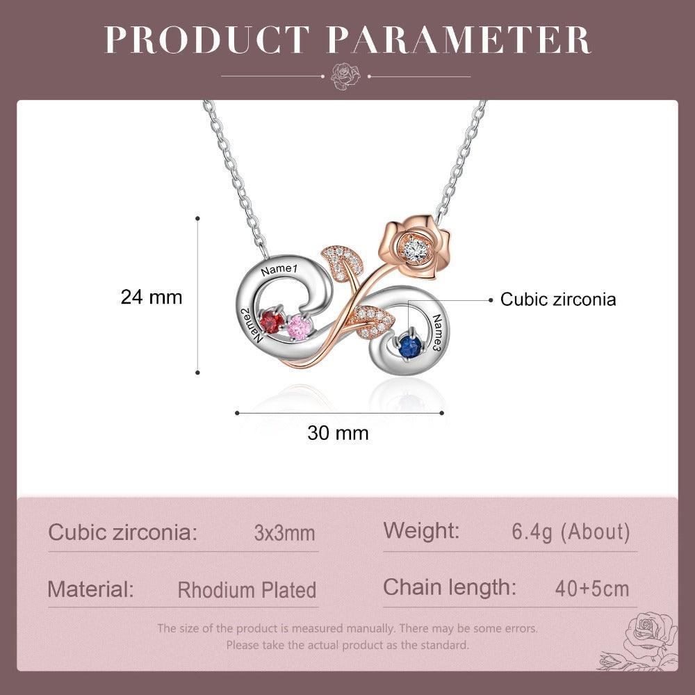 Personalized Rose Flower Silver Pendant Necklace - Three Custom Names & Birthstones - Personalized Jewel