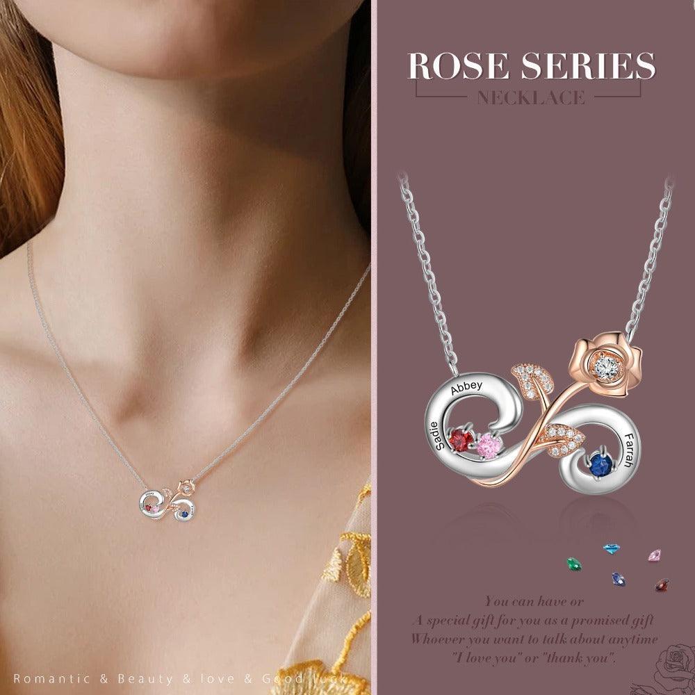 Personalized Rose Flower Silver Pendant Necklace - Three Custom Names & Birthstones - Personalized Jewel