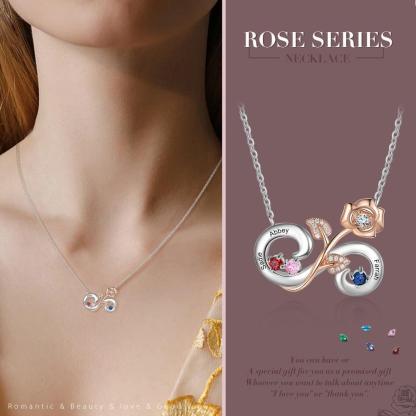 Personalized Rose Flower Silver Pendant Necklace - Three Custom Names & Birthstones - Personalized Jewel