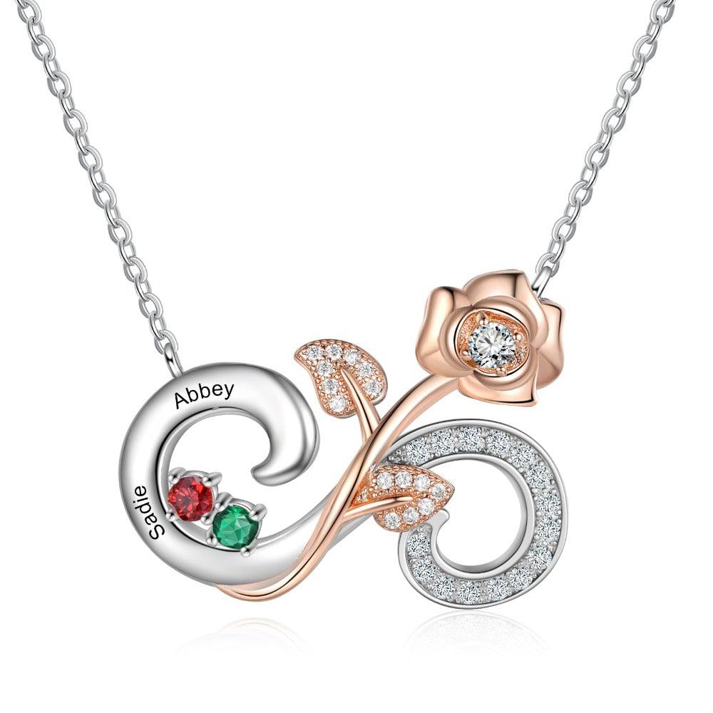 Personalized Rose Flower Silver Pendant Necklace - Two Custom Names & Birthstones-Personalized Jewels