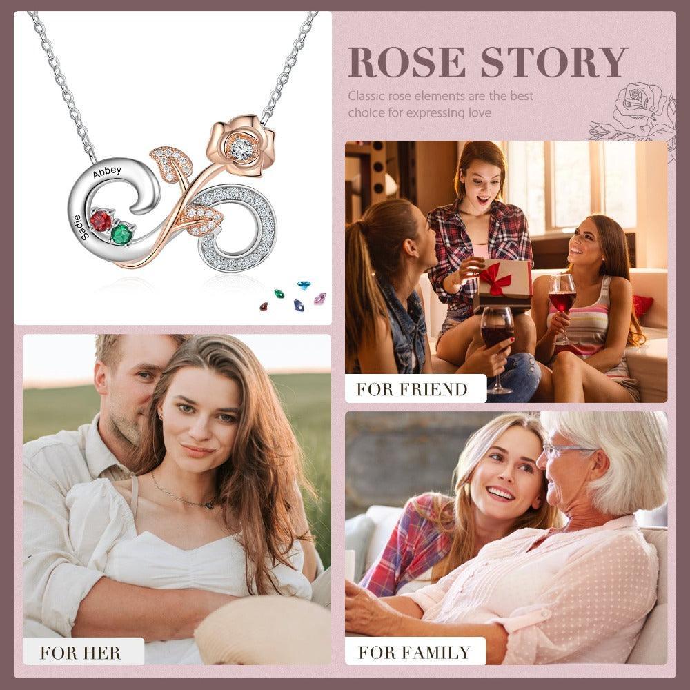 Personalized Rose Flower Silver Pendant Necklace - Two Custom Names & Birthstones - Personalized Jewel