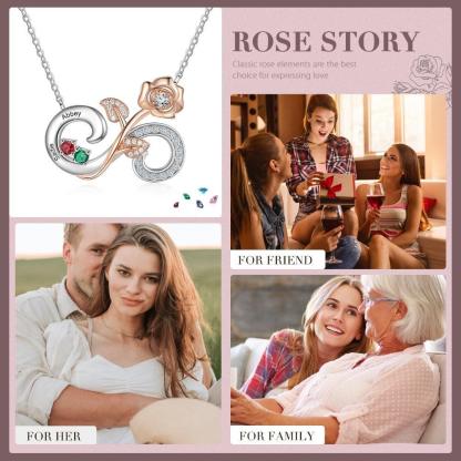 Personalized Rose Flower Silver Pendant Necklace - Two Custom Names & Birthstones - Personalized Jewel