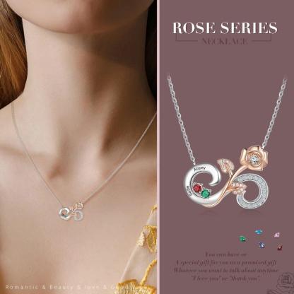 Personalized Rose Flower Silver Pendant Necklace - Two Custom Names & Birthstones - Personalized Jewel