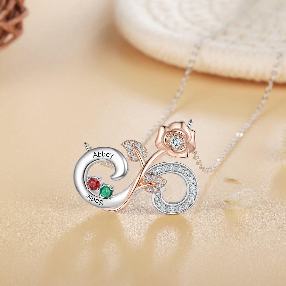 Personalized Rose Flower Silver Pendant Necklace - Two Custom Names & Birthstones - Personalized Jewel