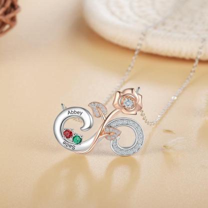 Personalized Rose Flower Silver Pendant Necklace - Two Custom Names & Birthstones - Personalized Jewel