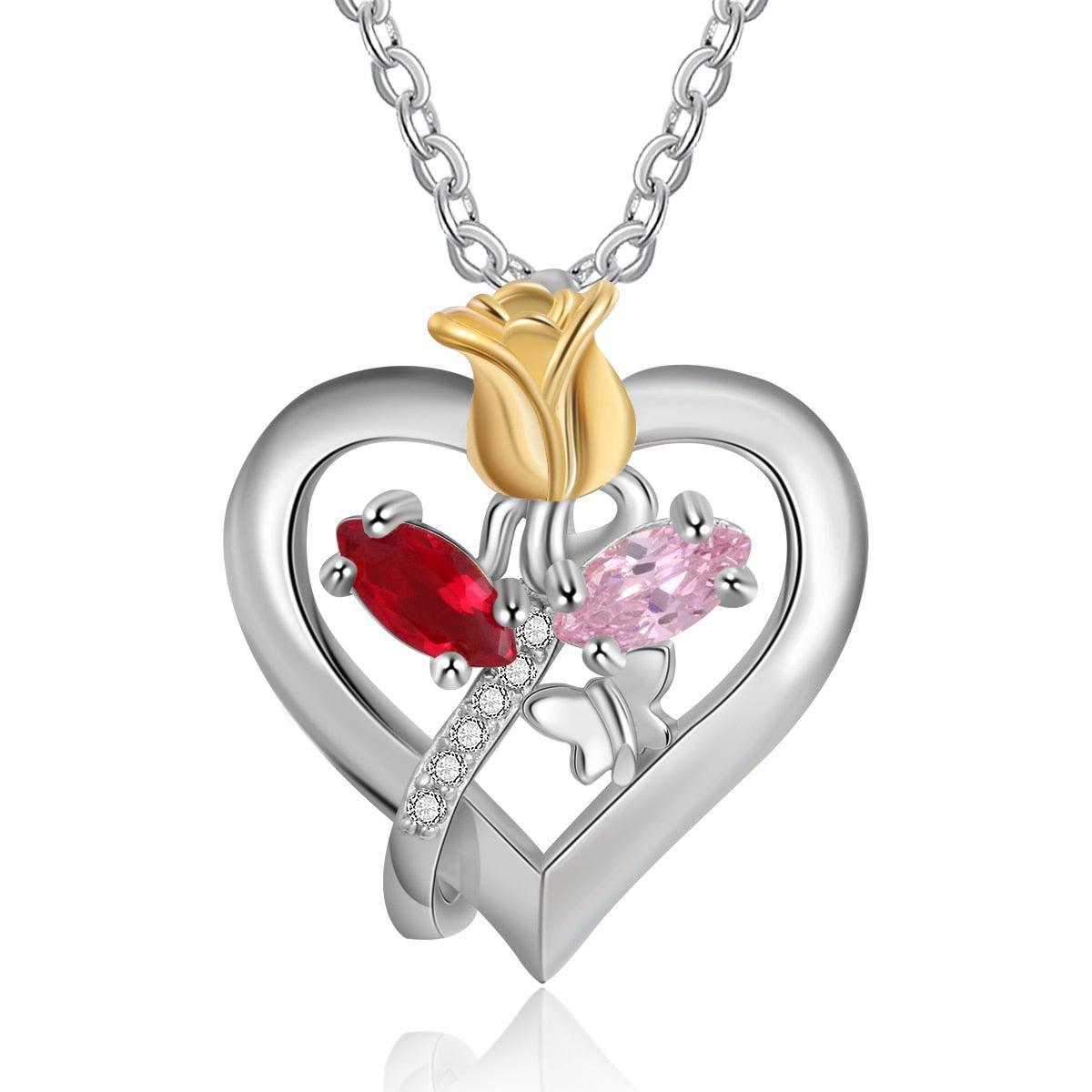 Personalized Rose Heart Birthstone Necklace - Custom Jewelry For Women - Flower Pendant Necklace For Women - Heart Pendant Necklace For Women - Personalized Jewel
