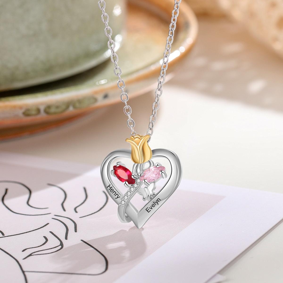 Personalized Rose Heart Birthstone Necklace - Custom Jewelry For Women - Flower Pendant Necklace For Women - Heart Pendant Necklace For Women - Personalized Jewel