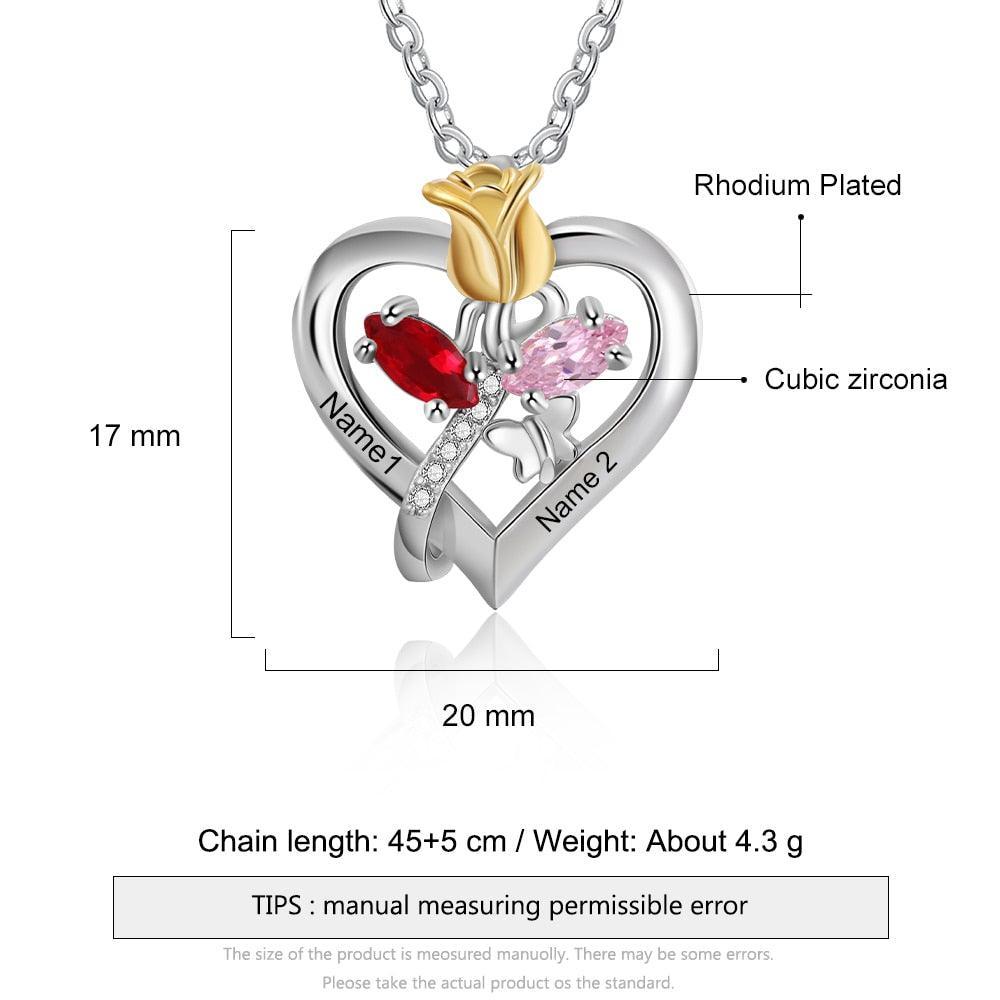 Personalized Rose Heart Birthstone Necklace - Custom Jewelry For Women - Flower Pendant Necklace For Women - Heart Pendant Necklace For Women - Personalized Jewel
