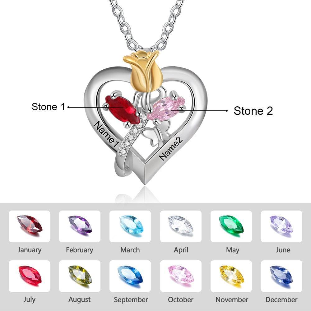 Personalized Rose Heart Birthstone Necklace - Custom Jewelry For Women - Flower Pendant Necklace For Women - Heart Pendant Necklace For Women - Personalized Jewel