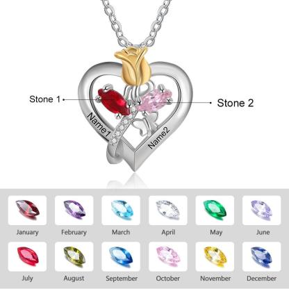 Personalized Rose Heart Birthstone Necklace - Custom Jewelry For Women - Flower Pendant Necklace For Women - Heart Pendant Necklace For Women - Personalized Jewel