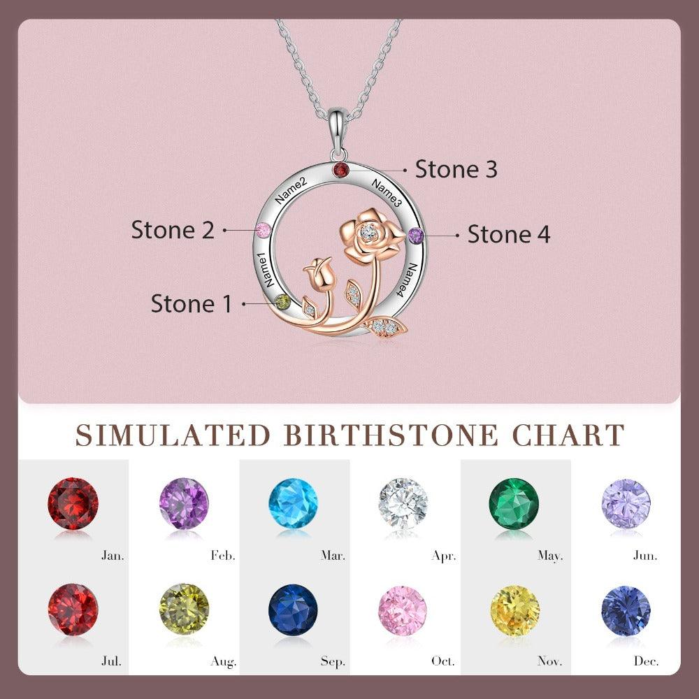 Personalized Roses Circle Silver Pendant Necklace - Four Custom Names & Birthstones-Personalized Jewels