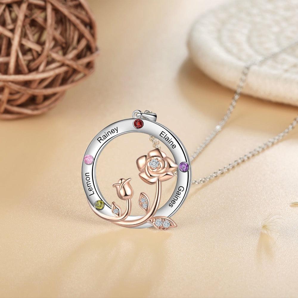 Personalized Roses Circle Silver Pendant Necklace - Four Custom Names & Birthstones-Personalized Jewels