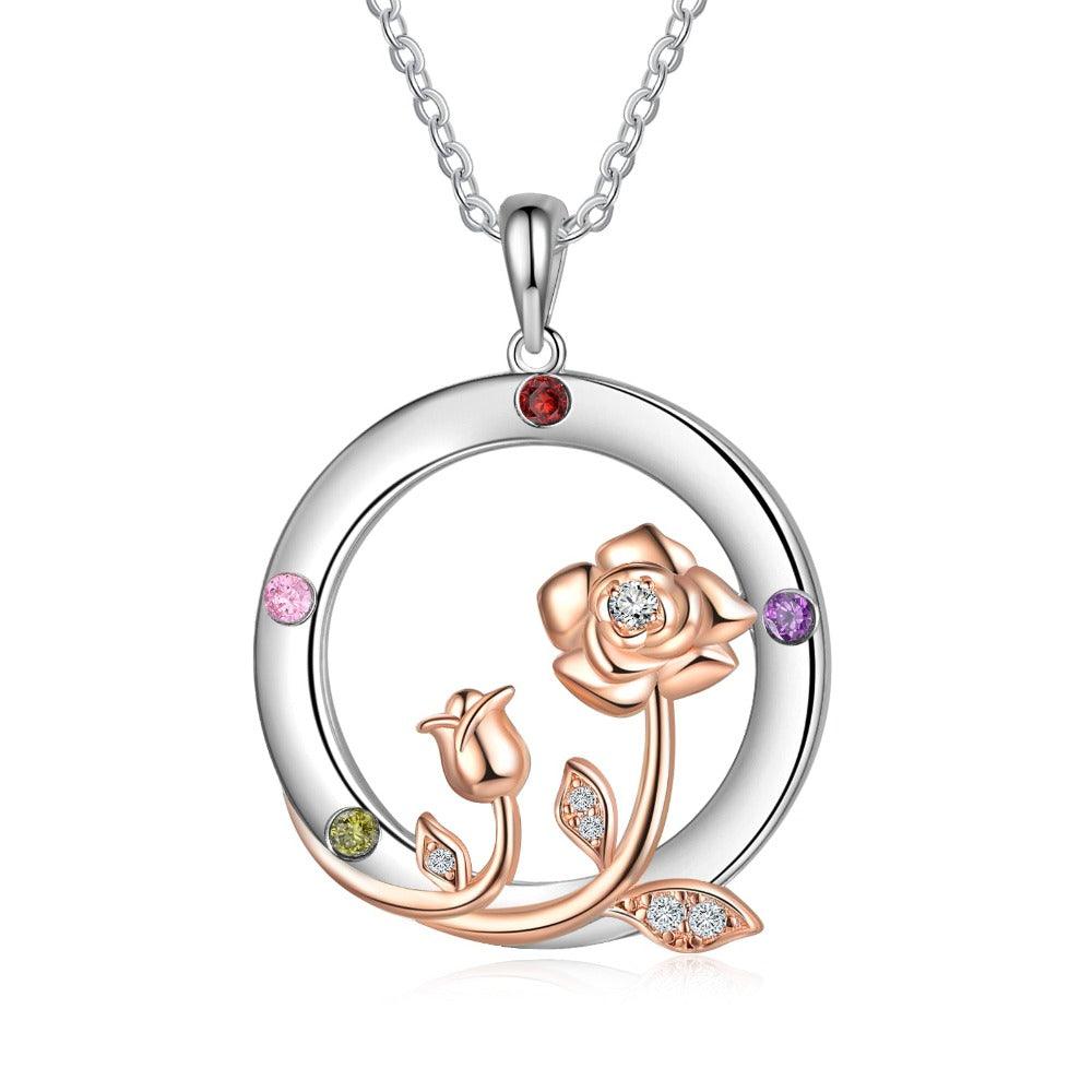 Personalized Roses Circle Silver Pendant Necklace - Four Custom Names & Birthstones-Personalized Jewels