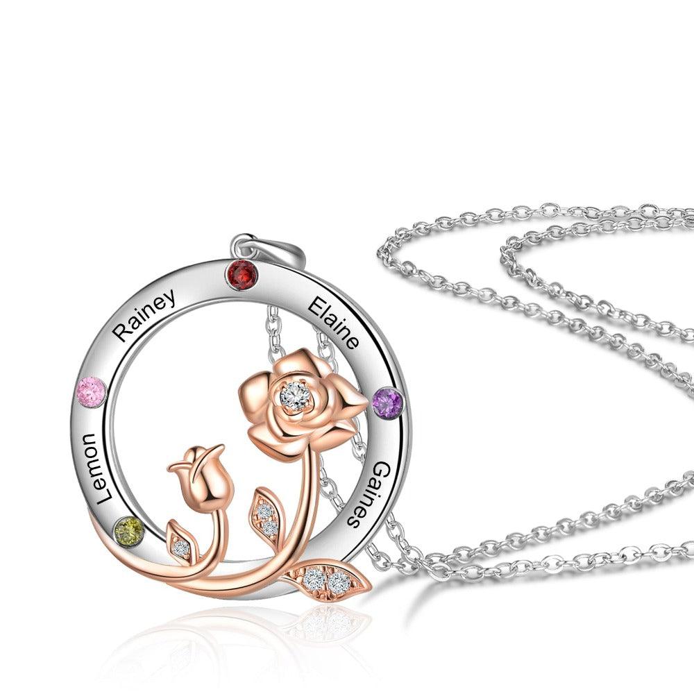 Personalized Roses Circle Silver Pendant Necklace - Four Custom Names & Birthstones-Personalized Jewels